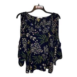 Le Lis Women's Size IX Navy Blue Floral Blouse 3/4 Sleeve Flowy -Made in the USA